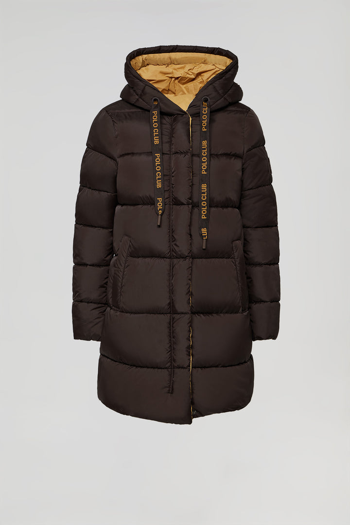 Brown bi-coloured reversible coat with hood and Polo Club details
