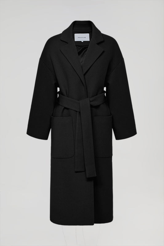 Black felt-texture coat with belt and Polo Club details