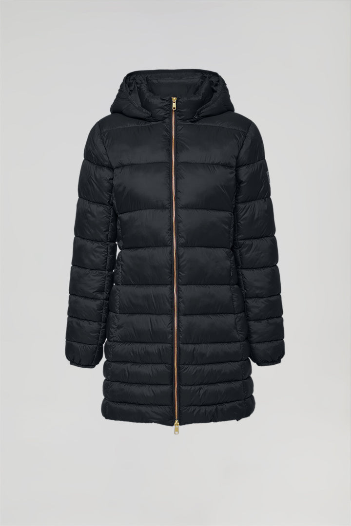 Black ultralight Corinne coat with hood and Polo Club logo