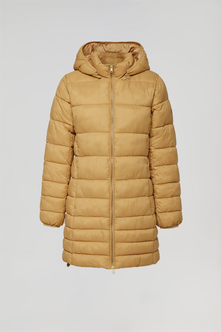 Camel ultralight Corinne coat with hood and Polo Club logo