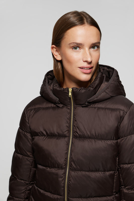 Brown ultralight Corinne coat with hood and Polo Club logo