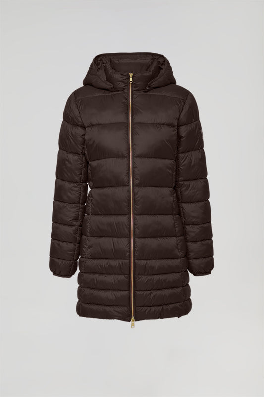 Brown ultralight Corinne coat with hood and Polo Club logo