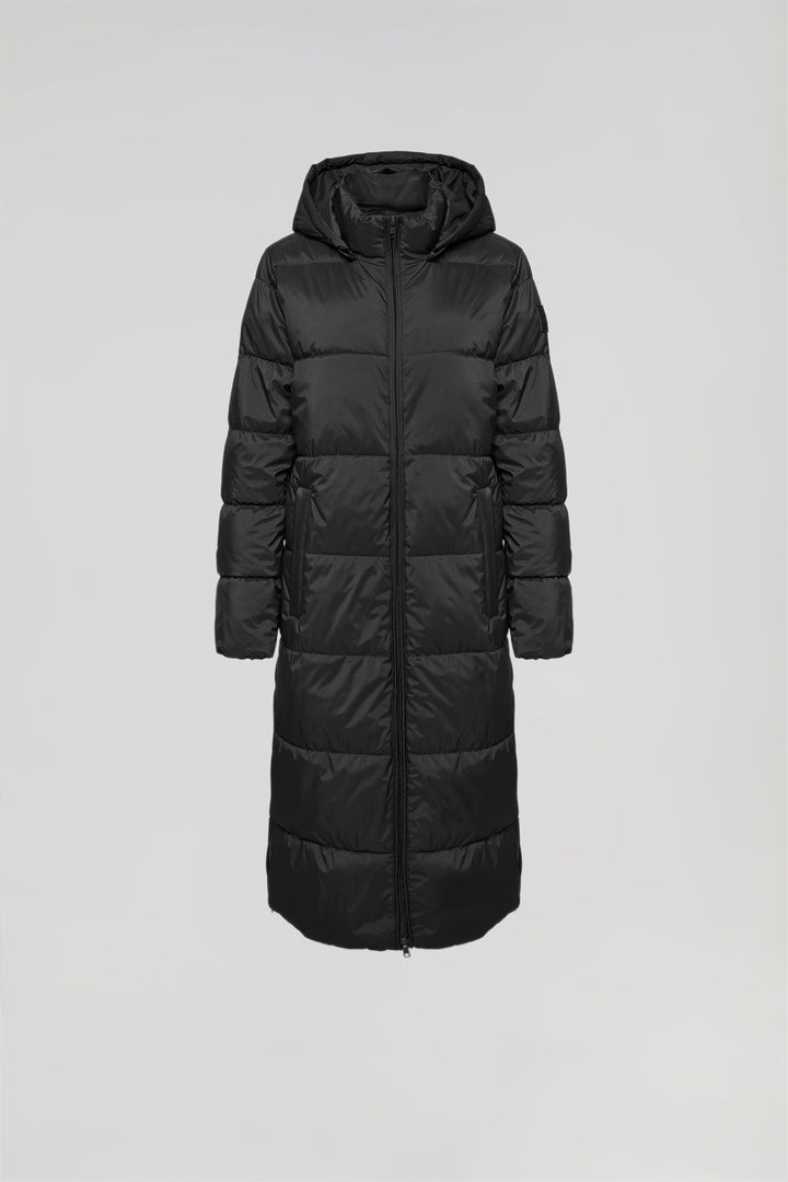 Abrigo Cosima negro largo con capucha extraíble y aberturas laterales