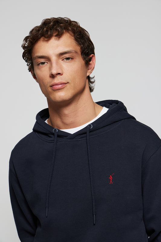 Navy-blue hoodie with pockets and Rigby Go logo