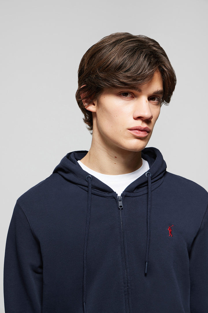 Navy-blue zip-through hoodie with Rigby Go logo