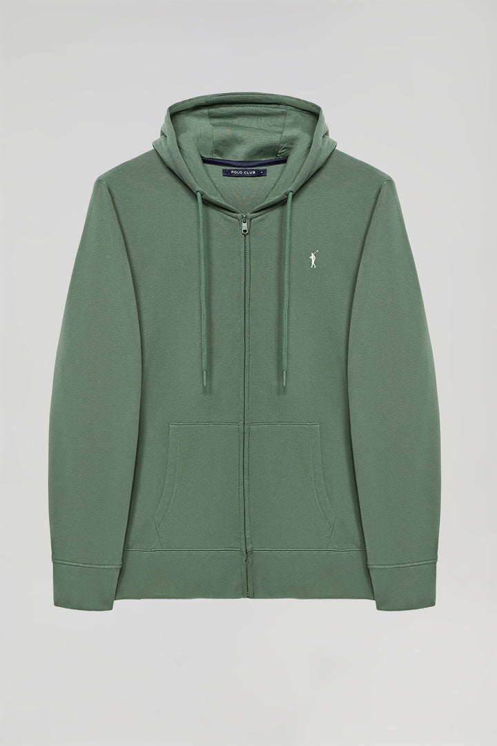 Dark-green zip-through hoodie with Rigby Go logo