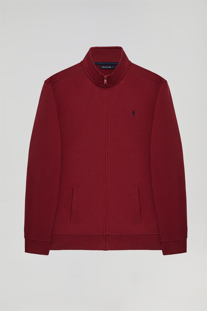 Maroon high-neck open sweatshirt with Rigby Go logo