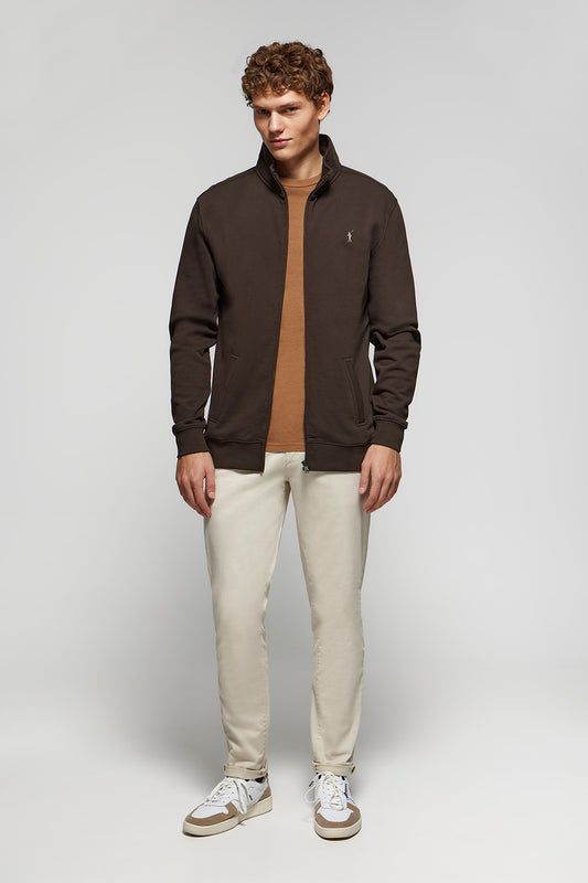 Dark-brown high-neck open sweatshirt with Rigby Go logo