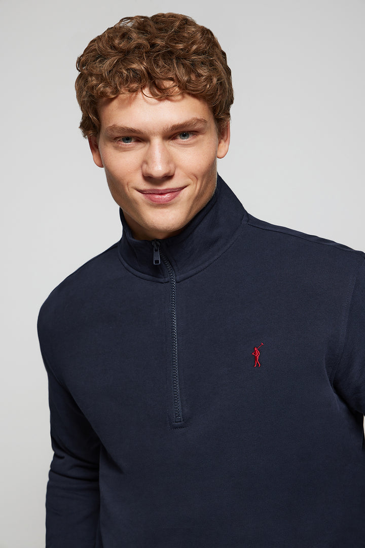 Navy-blue half-zip sweatshirt with Rigby Go logo