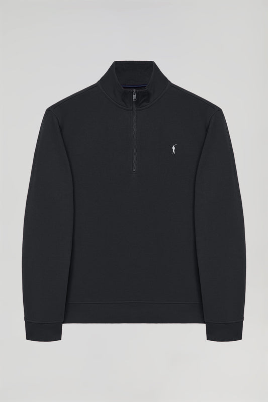 Black half-zip sweatshirt with Rigby Go logo