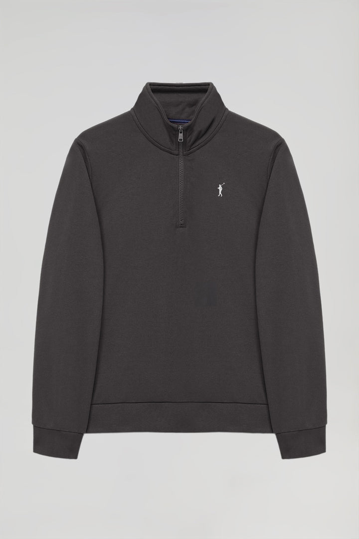 Asphalt-grey half-zip sweatshirt with Rigby Go logo