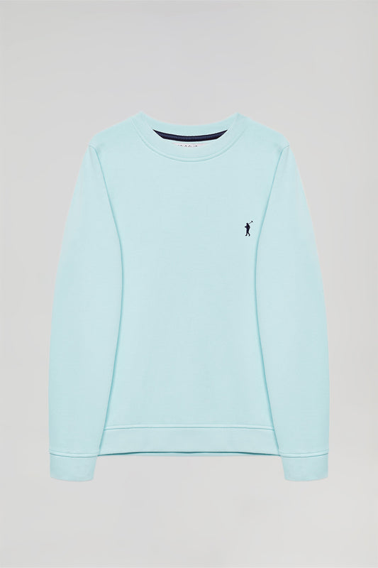 Sky-blue round-neck basic sweatshirt with Rigby Go logo