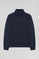 Navy-blue half-zip sweatshirt with Rigby Go logo