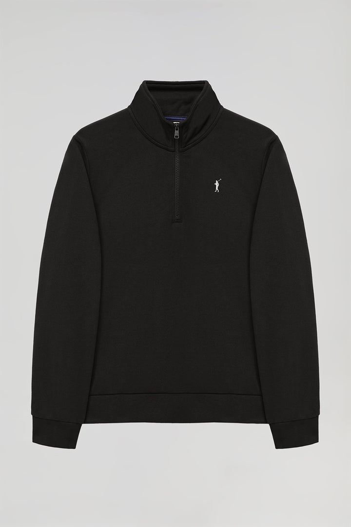 Black half-zip sweatshirt with Rigby Go logo