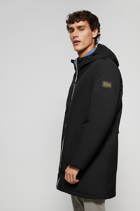 Black puffer coat with hood and bi-coloured Polo Club patch
