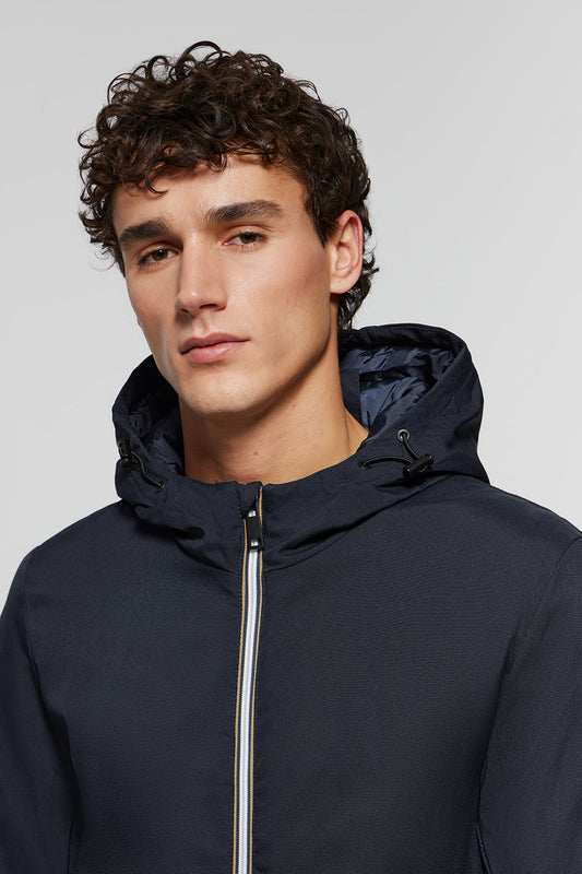 Navy-blue puffer coat with hood and bi-coloured Polo Club patch