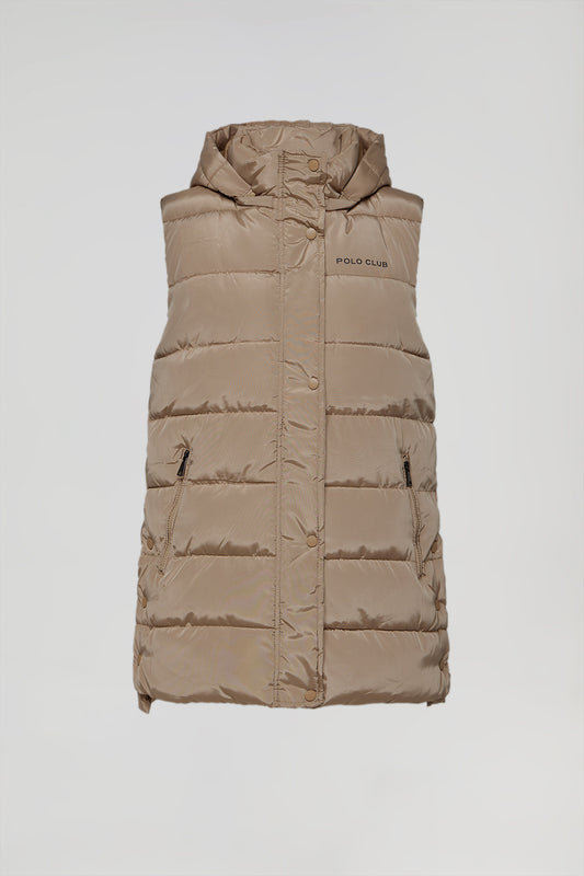 Khaki puffer vest with hood and Polo Club print