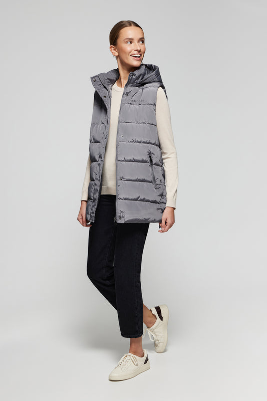 Grey puffer vest with hood and Polo Club print