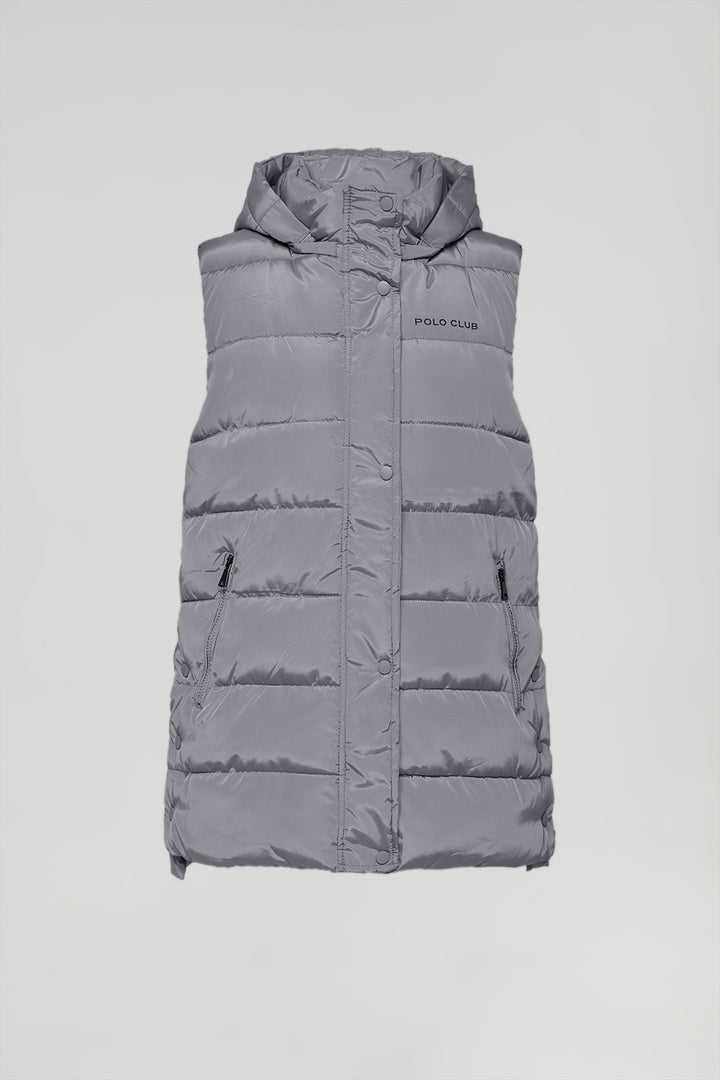 Grey puffer vest with hood and Polo Club print