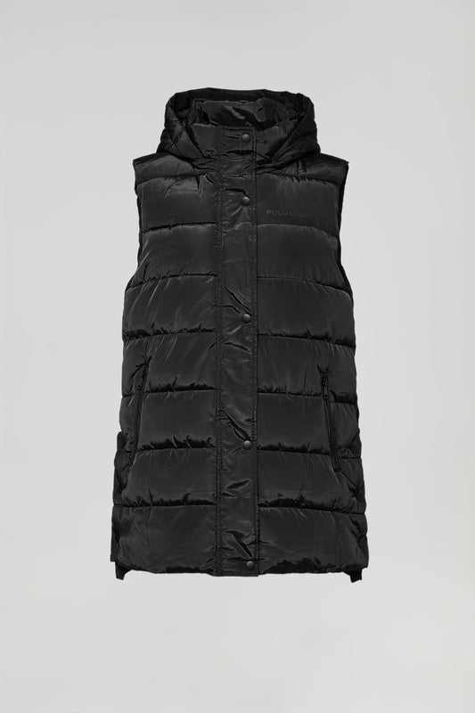 Black puffer vest with hood and Polo Club print