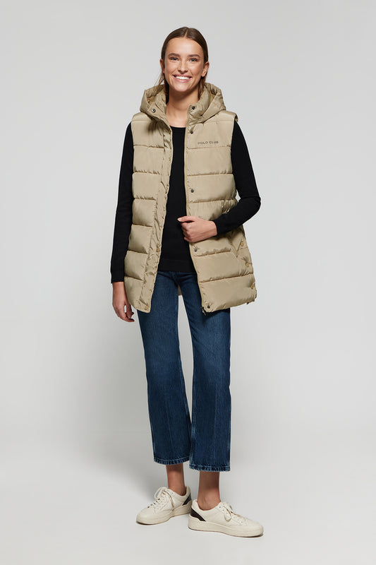 Light-khaki puffer vest with hood and Polo Club print