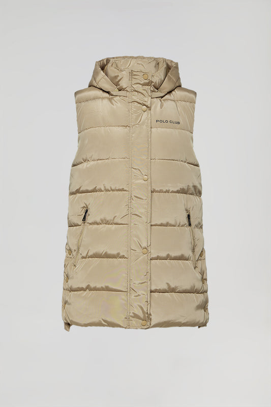 Light-khaki puffer vest with hood and Polo Club print