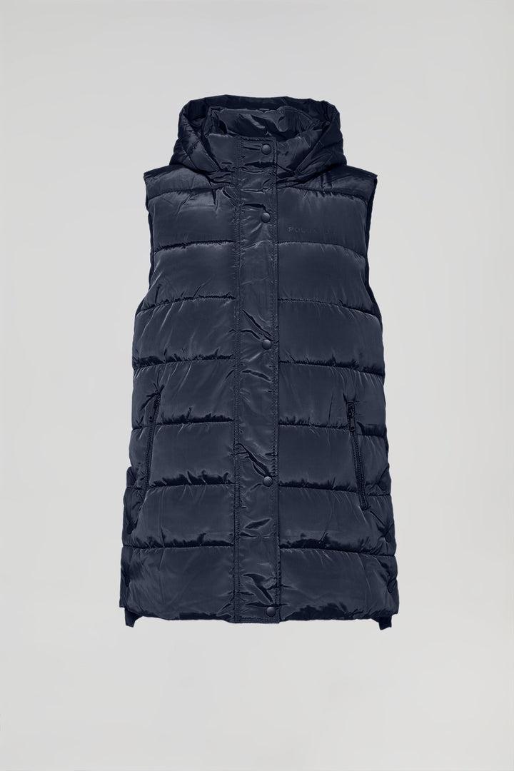 Navy-blue puffer vest with hood and Polo Club print