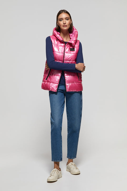 Fuchsia metal-effect vest with hood and Polo Club logo