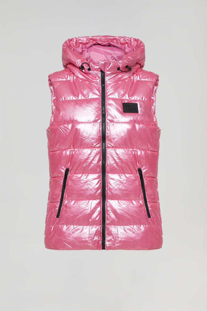 Fuchsia metal-effect vest with hood and Polo Club logo