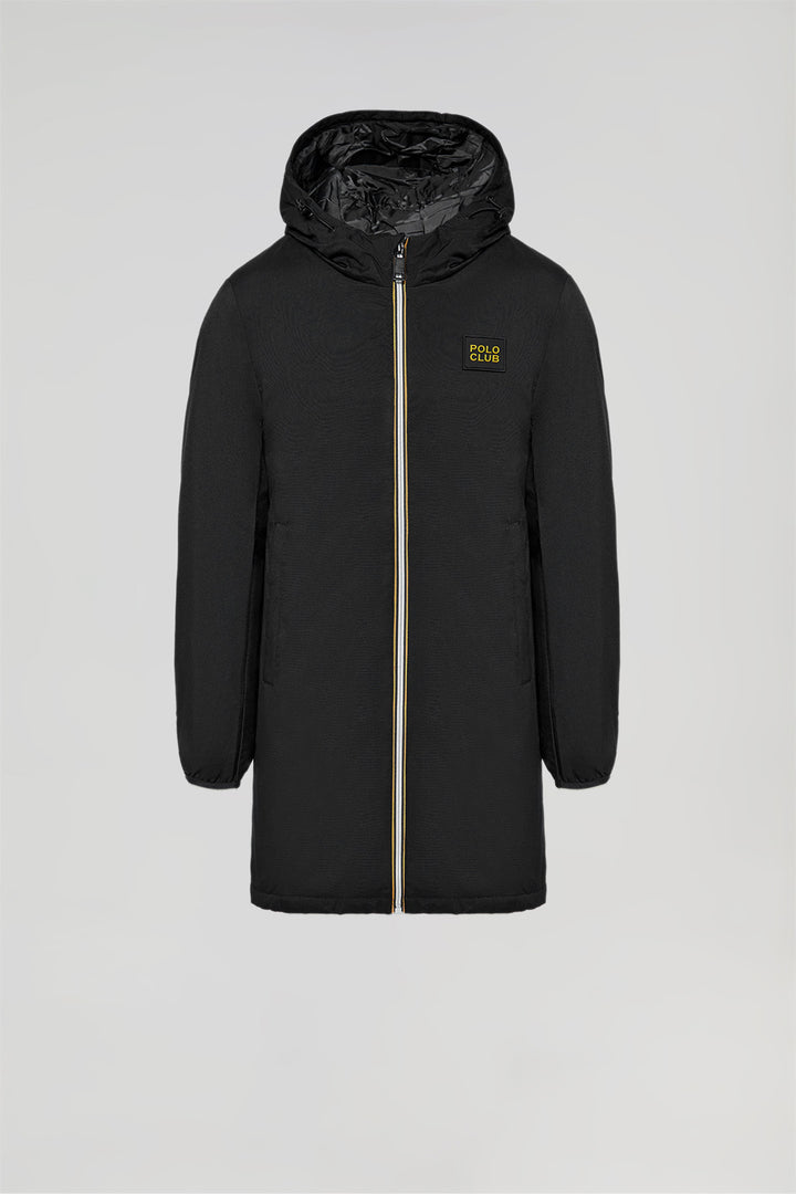 Black technical parka with hood and Polo Club logo for kids