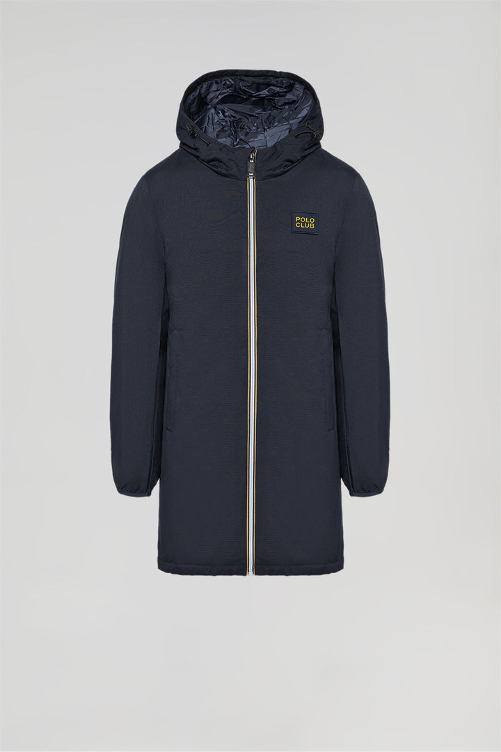 Navy-blue technical parka with hood and Polo Club logo for kids