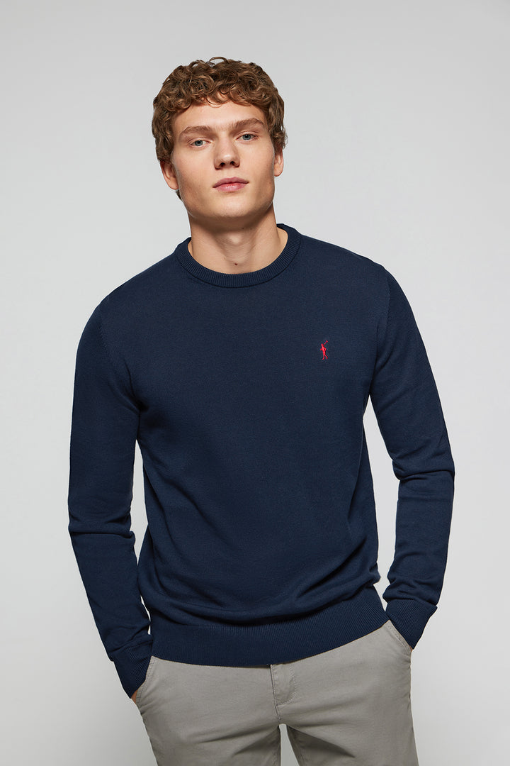 Navy-blue round-neck basic jumper with Rigby Go logo