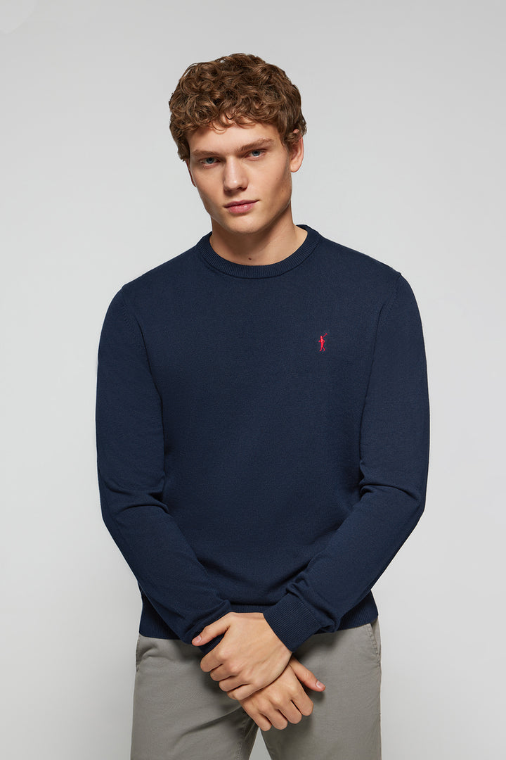 Navy-blue round-neck basic jumper with Rigby Go logo