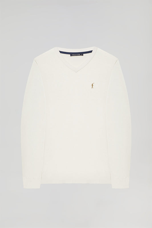 Off-white V-neck basic jumper with Rigby Go logo