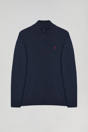 Navy-blue high-neck knit jumper with zip and Rigby Go logo
