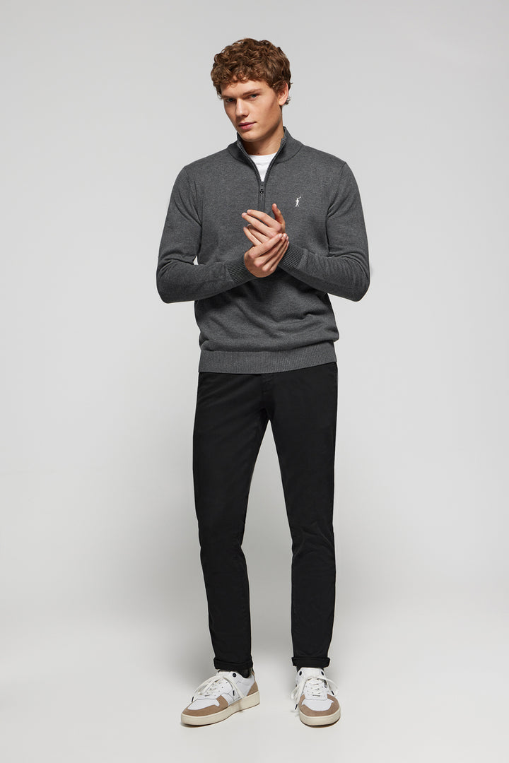 Dark-grey high-neck knit jumper with zip and Rigby Go logo