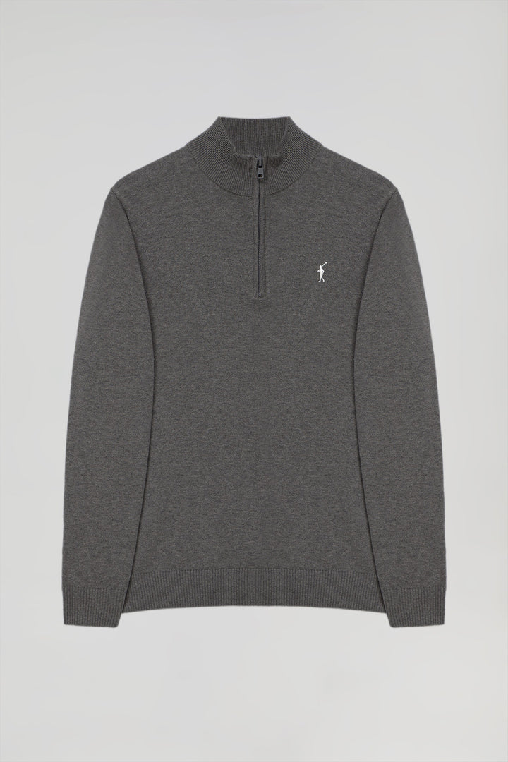 Dark-grey high-neck knit jumper with zip and Rigby Go logo