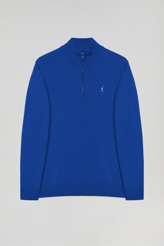 Royal-blue high-neck knit jumper with zip and Rigby Go logo