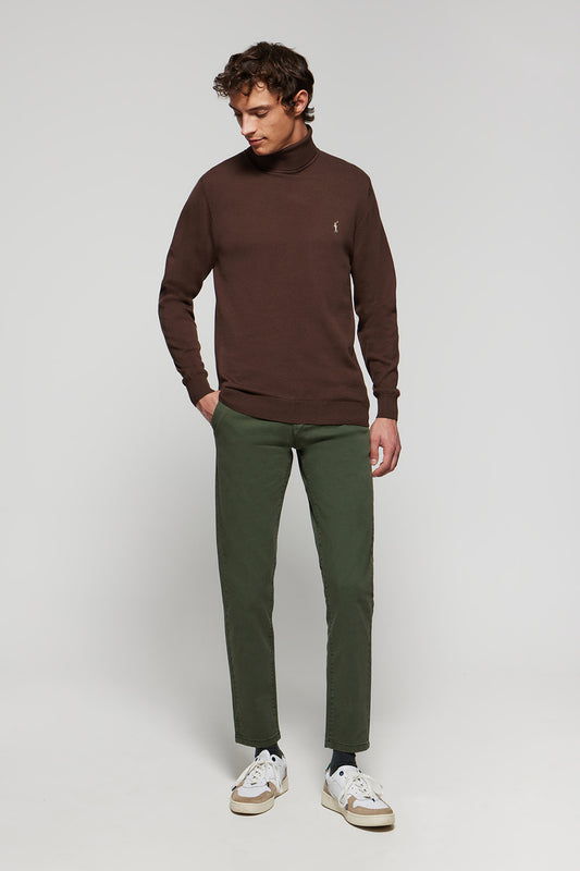 Brown high-neck basic jumper with Rigby Go logo