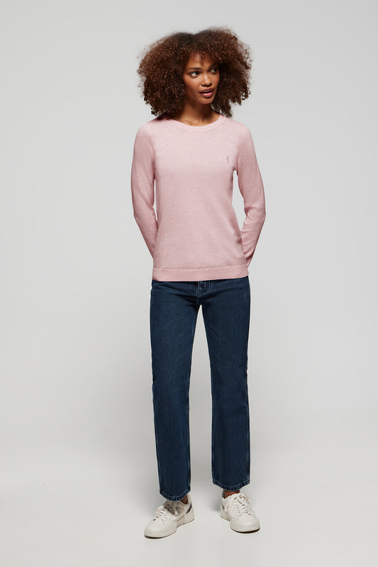 Pink round-neck basic knit jumper with Rigby Go logo