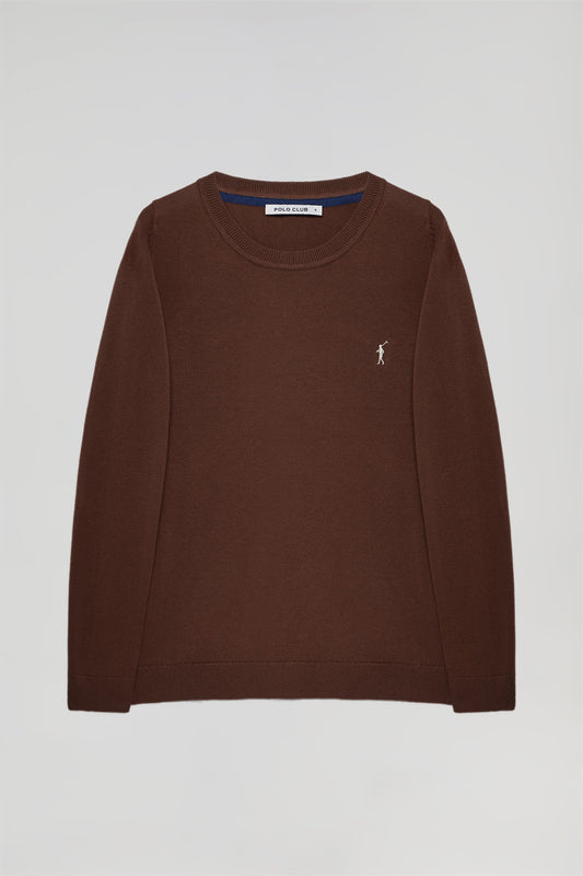 Brown round-neck basic knit jumper with Rigby Go logo