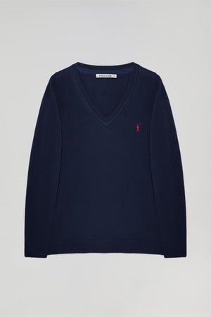 Navy-blue V-neck basic knit jumper with Rigby Go logo