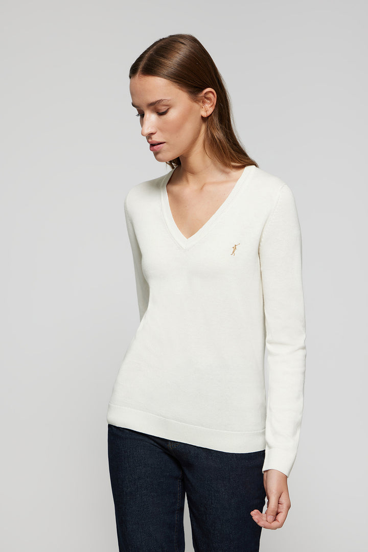 Off-white V-neck basic knit jumper with Rigby Go logo