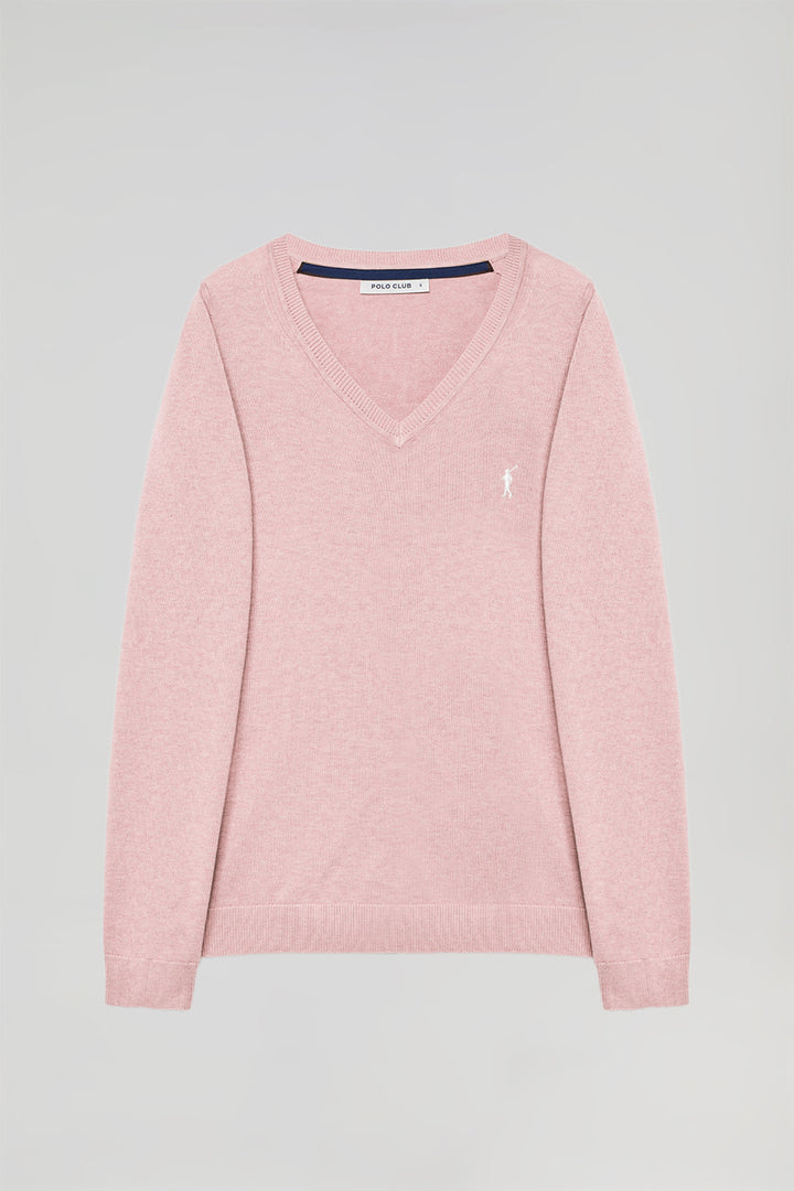 Pink V-neck basic knit jumper with Rigby Go logo