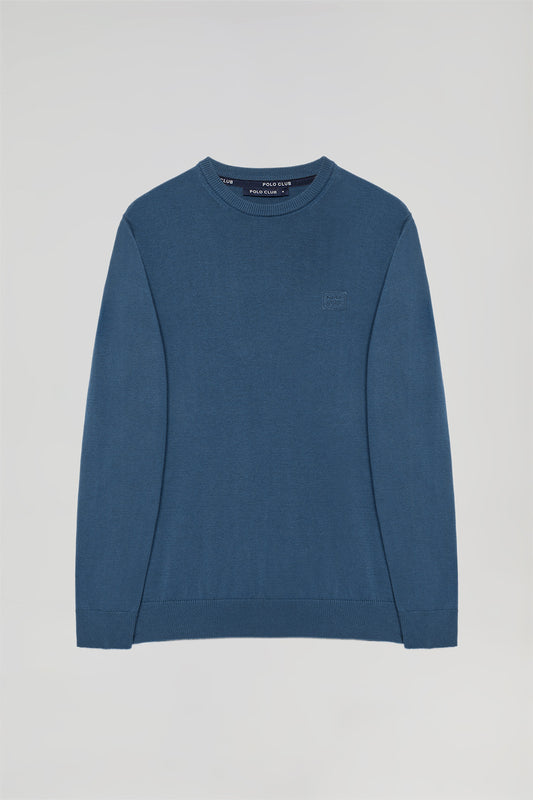 Denim-blue round-neck basic jumper with embroidered logo in matching colour