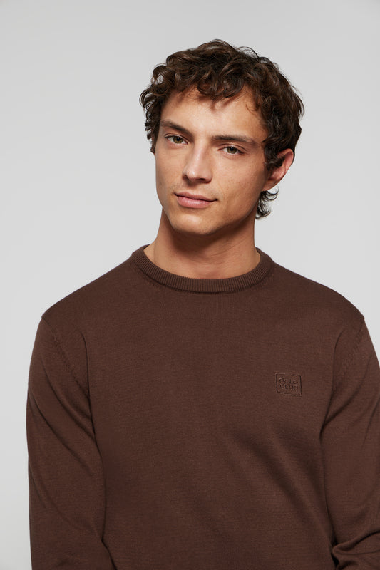 Brown round-neck basic jumper with embroidered logo in matching colour