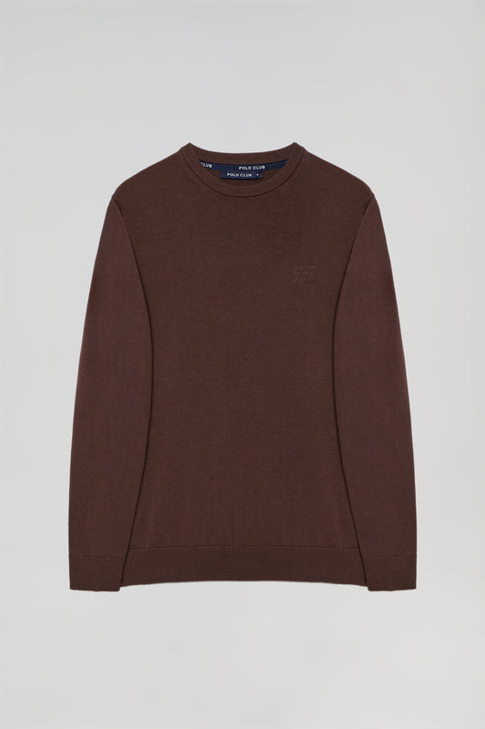 Brown round-neck basic jumper with embroidered logo in matching colour