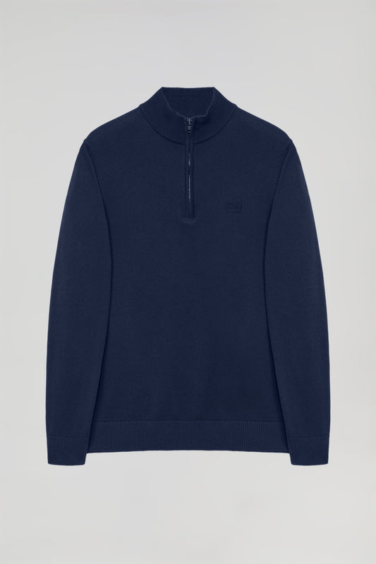 Navy-blue basic jumper with zip and embroidered logo in matching colour