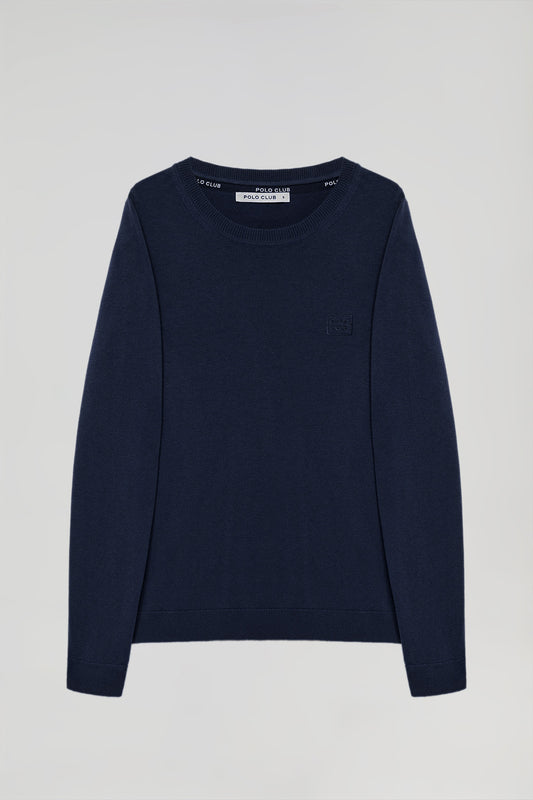Navy-blue round-neck basic jumper with embroidered logo in matching colour