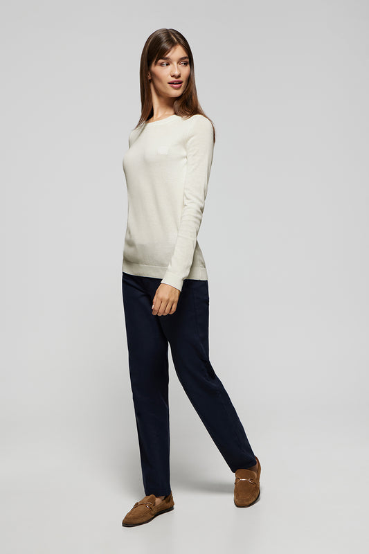 Ice-colour round-neck basic jumper with embroidered logo in matching colour